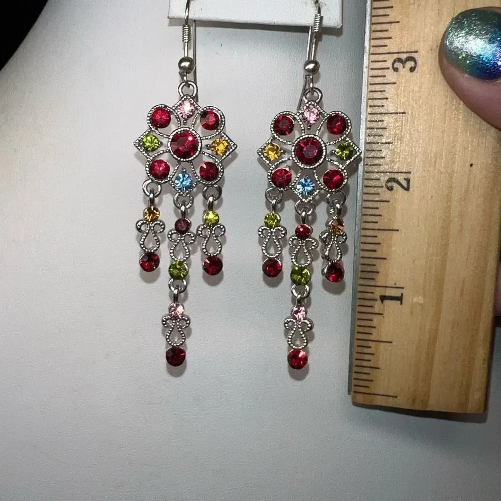 Silver Tone and Colorful Crystal Boho Chandelier Earrings - Picture 5 of 7